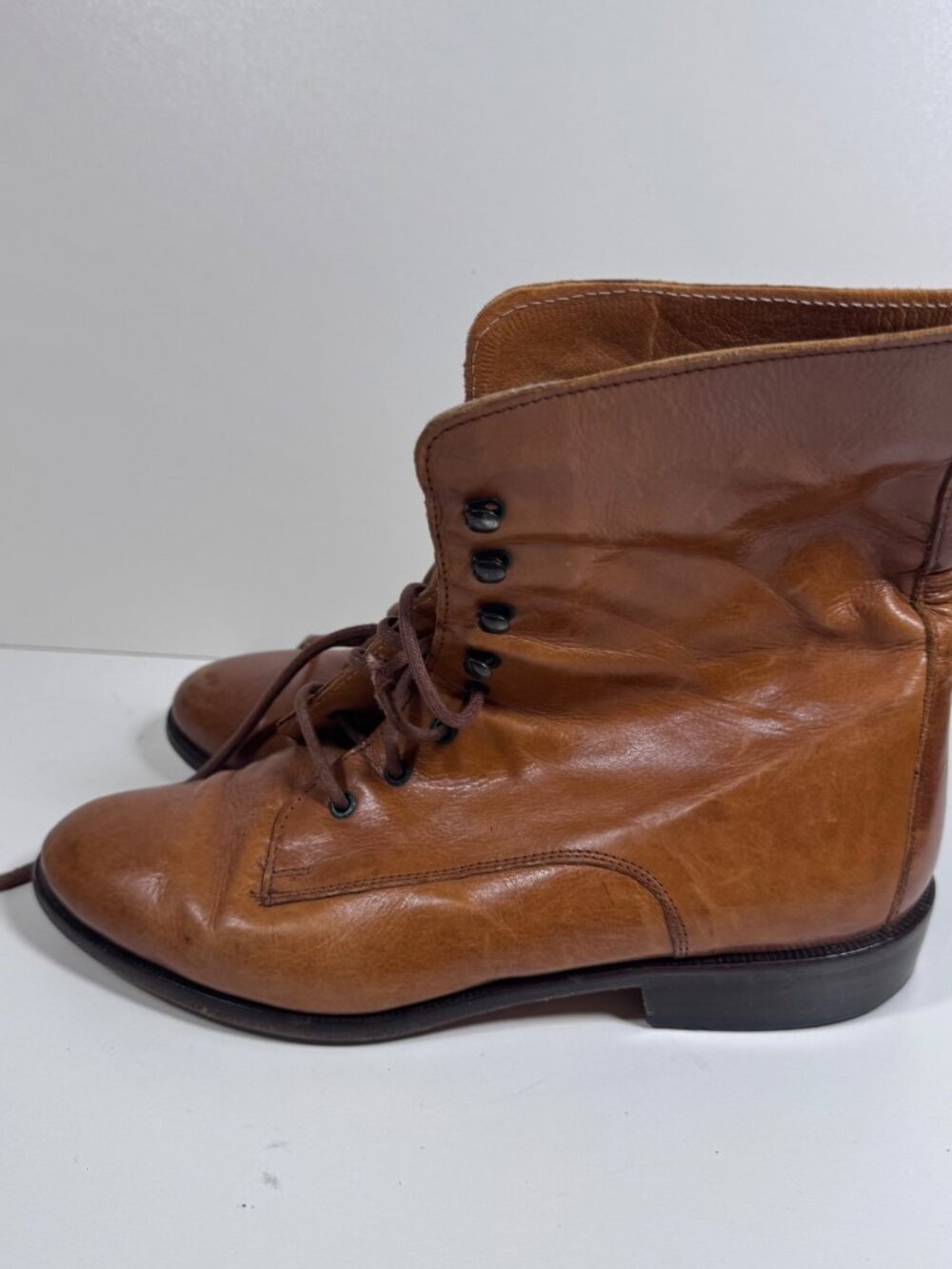 Joan & David Lace Up Ankle Boots Cognac Brown Leather Italy 38 / 7.5 Vintage